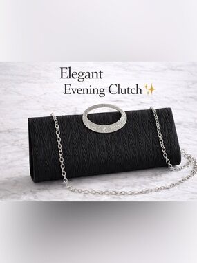 Elegant Black Ring Handle Evening Clutch Bag w/ Chain Strap